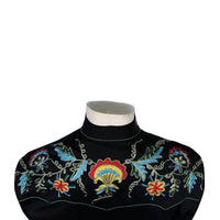 Men's Floral Embroidered Cotton Gabardine Black Western Shirt