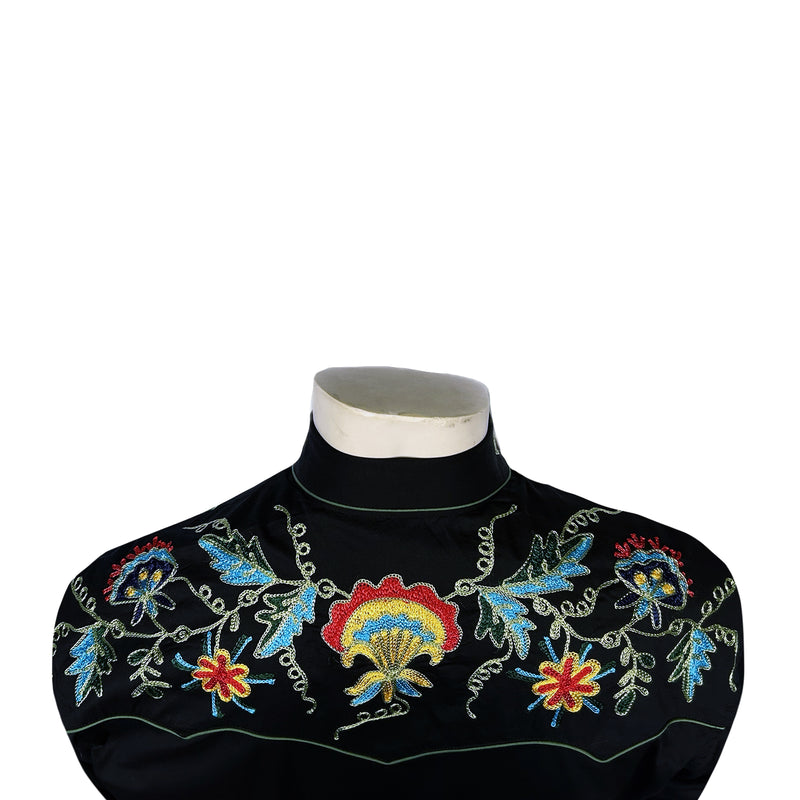 Men's Floral Embroidered Cotton Gabardine Black Western Shirt