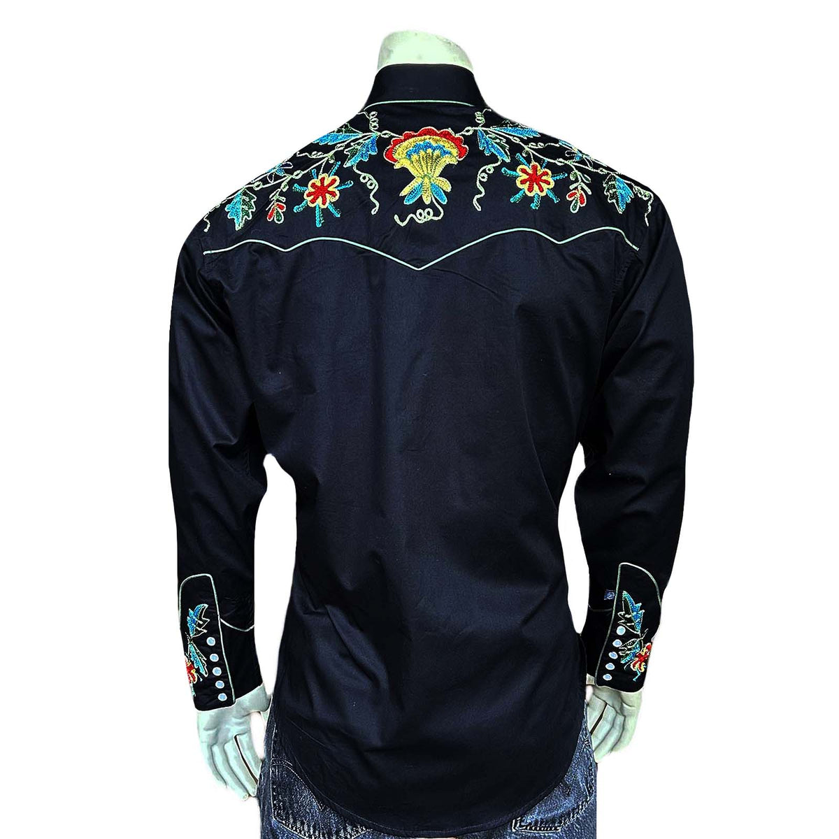 Men's Floral Embroidered Cotton Gabardine Black Western Shirt