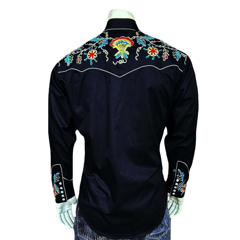 Men's Floral Embroidered Cotton Gabardine Black Western Shirt