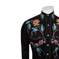 Men's Floral Embroidered Cotton Gabardine Black Western Shirt