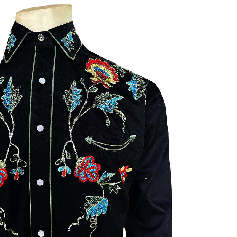 Men's Floral Embroidered Cotton Gabardine Black Western Shirt