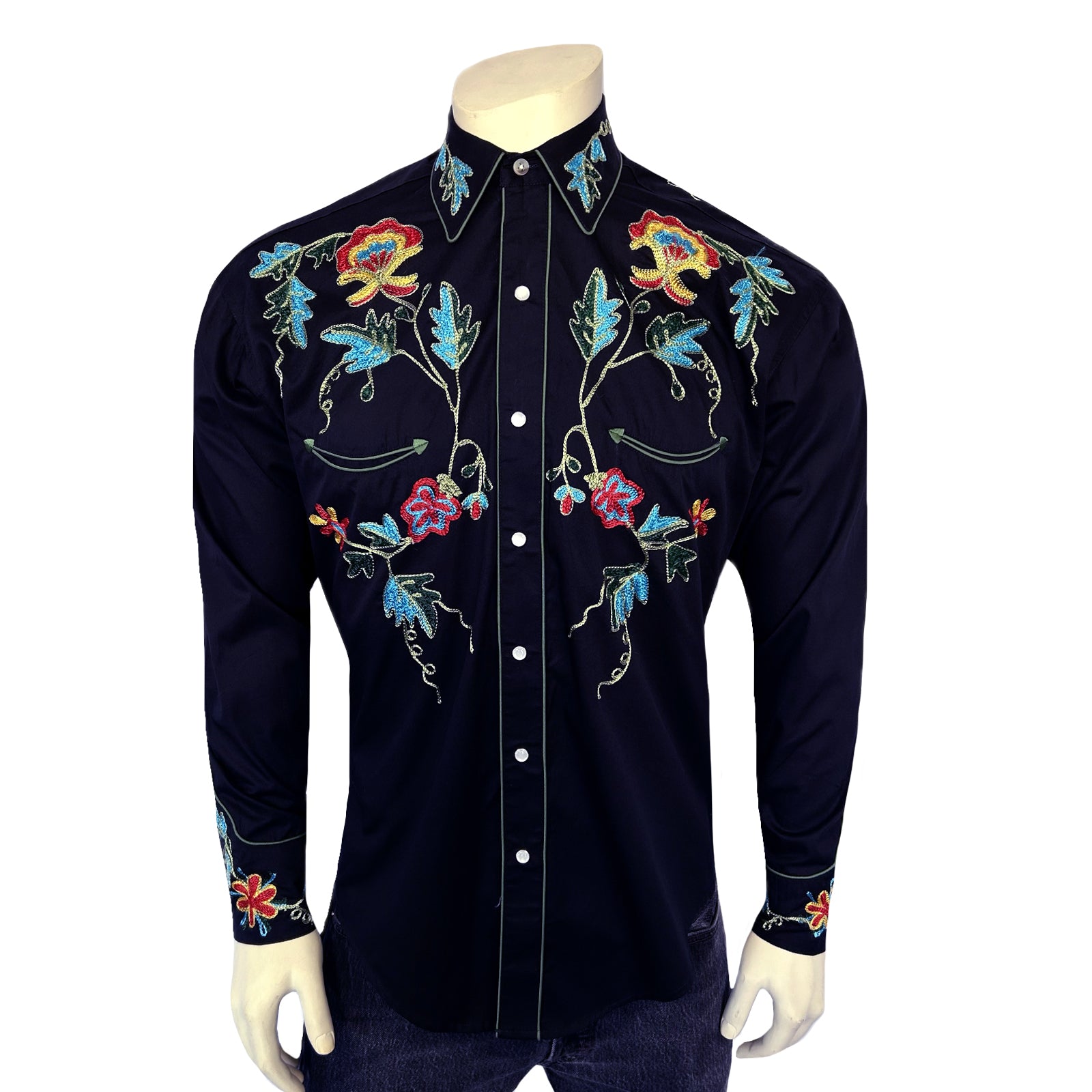 Men's Floral Embroidered Cotton Gabardine Black Western Shirt