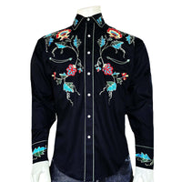 Men's Floral Embroidered Cotton Gabardine Black Western Shirt