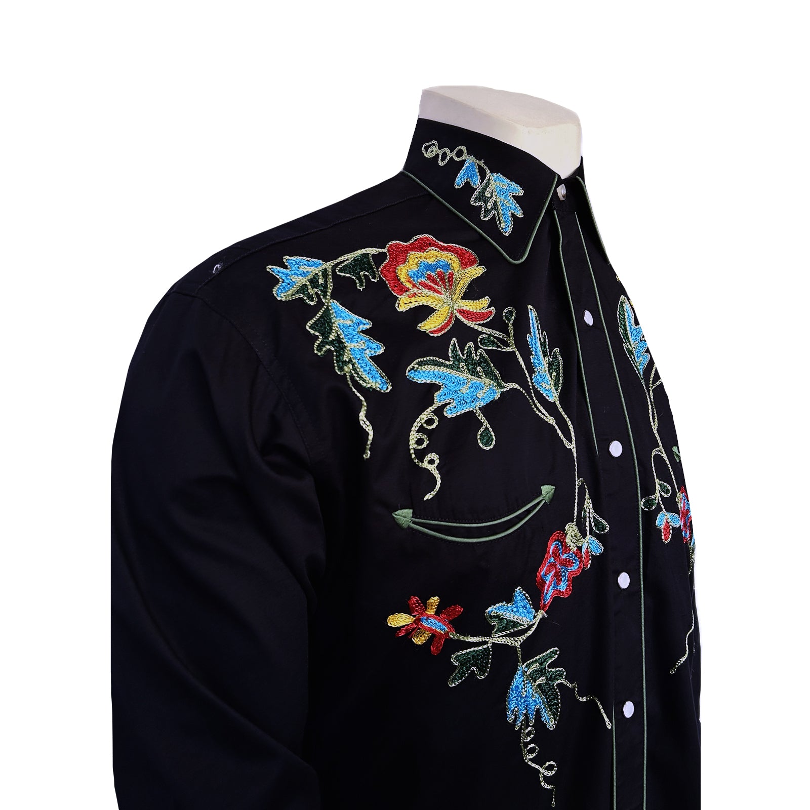 Men's Floral Embroidered Cotton Gabardine Black Western Shirt