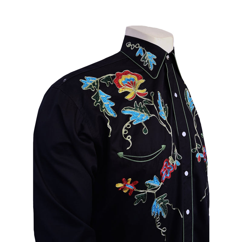 Men's Floral Embroidered Cotton Gabardine Black Western Shirt
