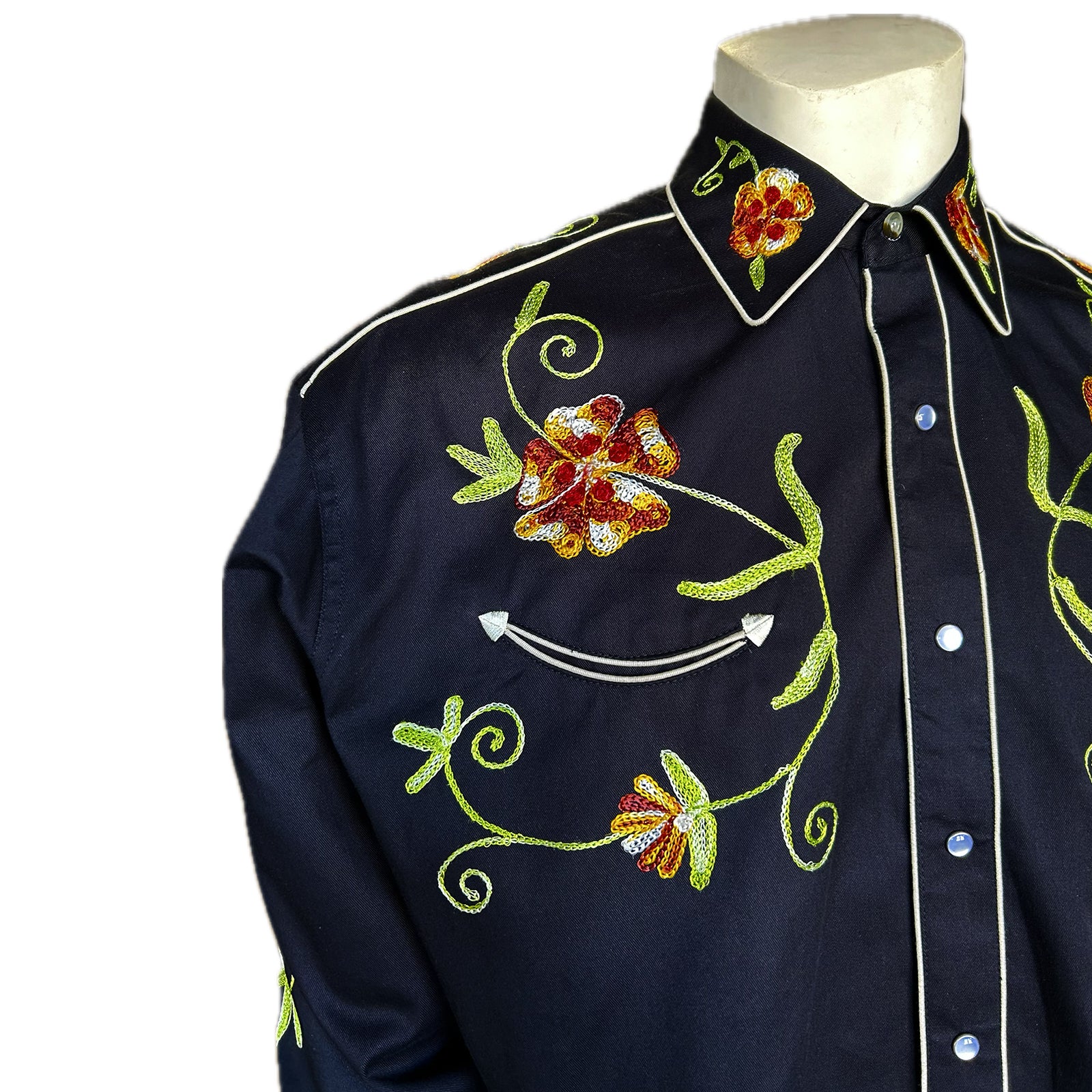 Rockmount Men's Floral Embroidery Cotton Gabardine Black Western Shirt