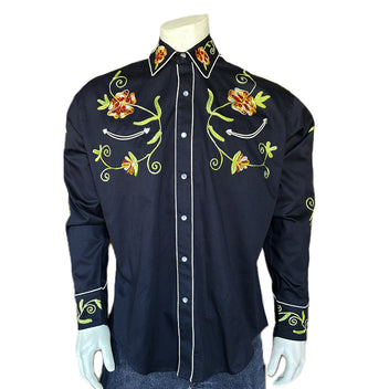 Rockmount Men's Floral Embroidery Cotton Gabardine Black Western Shirt