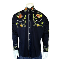 Men's Floral Embroidery Cotton Gabardine Black Western Shirt