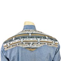 Men's Vintage 2-Tone Denim & Steer Skull Embroidery Western Shirt