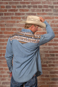 Men's Vintage 2-Tone Denim & Steer Skull Embroidered Western Shirt