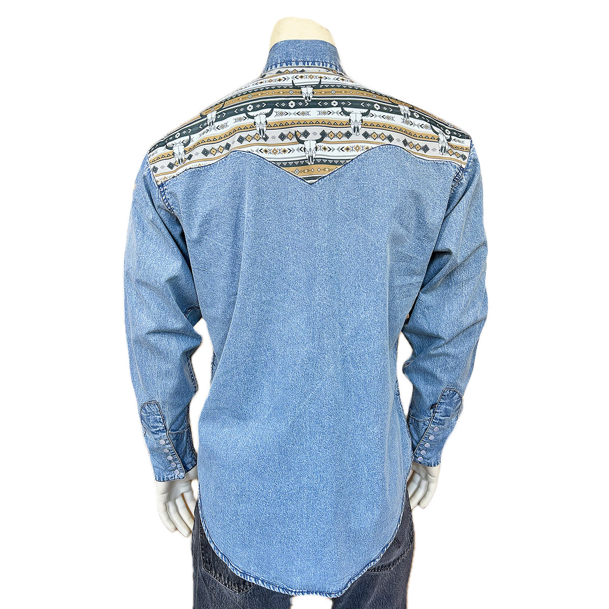 Men's Vintage 2-Tone Denim & Steer Skull Embroidered Western Shirt