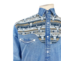 Men's Vintage 2-Tone Denim & Steer Skull Embroidery Western Shirt