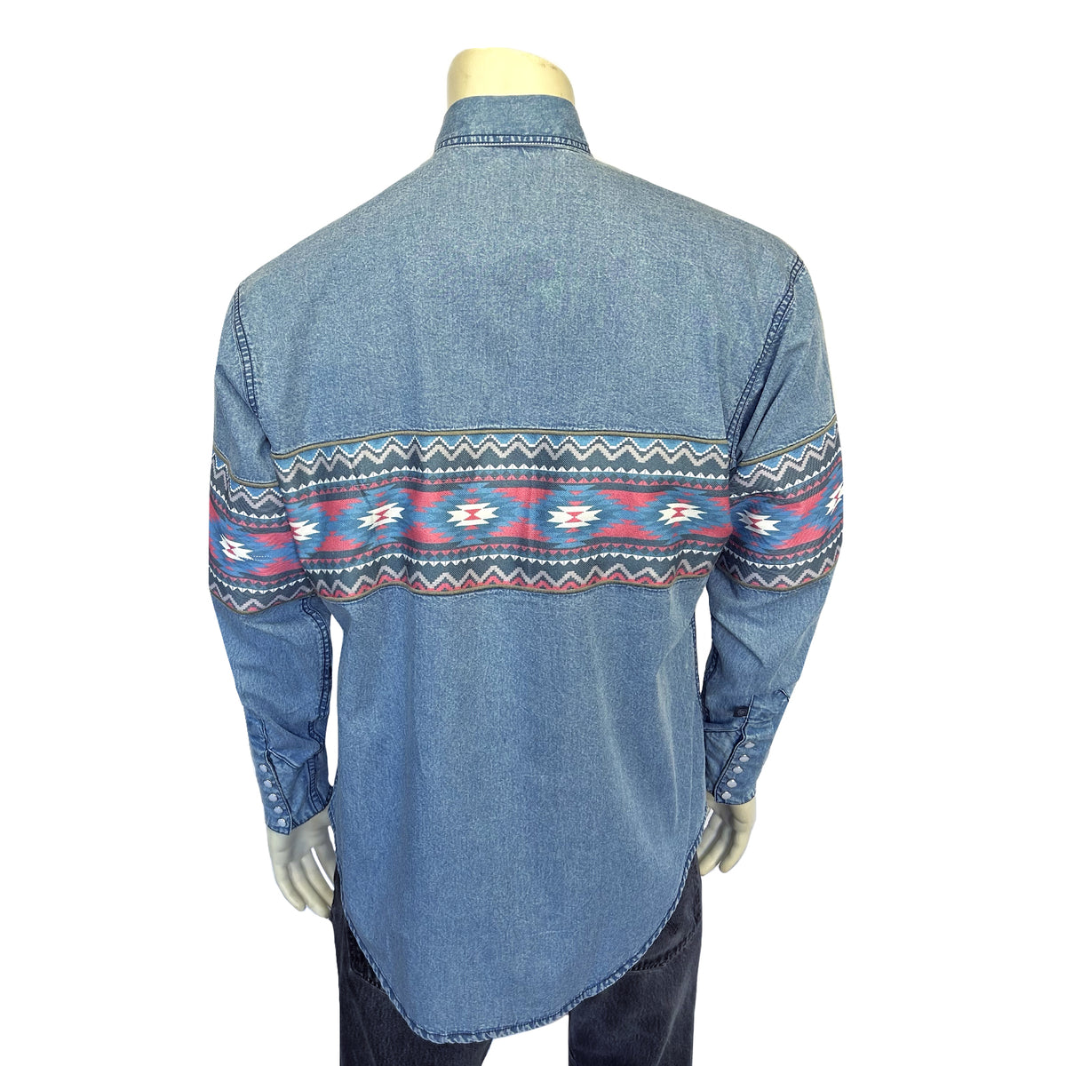 Men's 2-Tone Denim & Red Native Pattern Chest Band Western Shirt