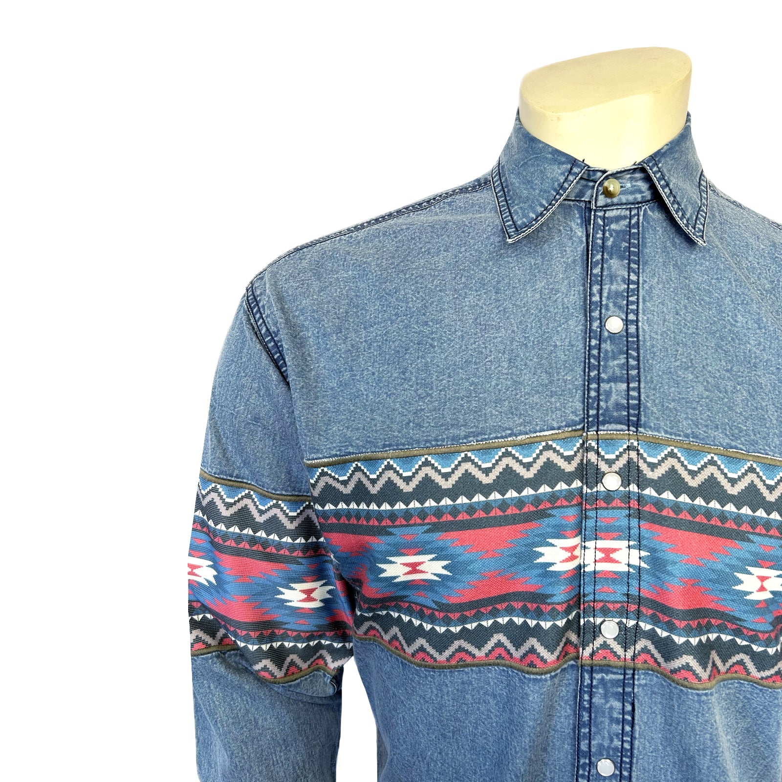 Men's 2-Tone Denim & Red Native Pattern Chest Band Western Shirt