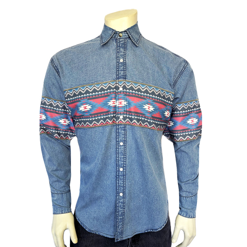 Men's 2-Tone Denim & Red Native Pattern Chest Band Western Shirt Men's 2-Tone Denim & Red Native Pattern Chest Band Western Shirt