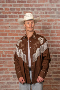 Men's Vintage Fringe Brown Embroidered Western Shirt