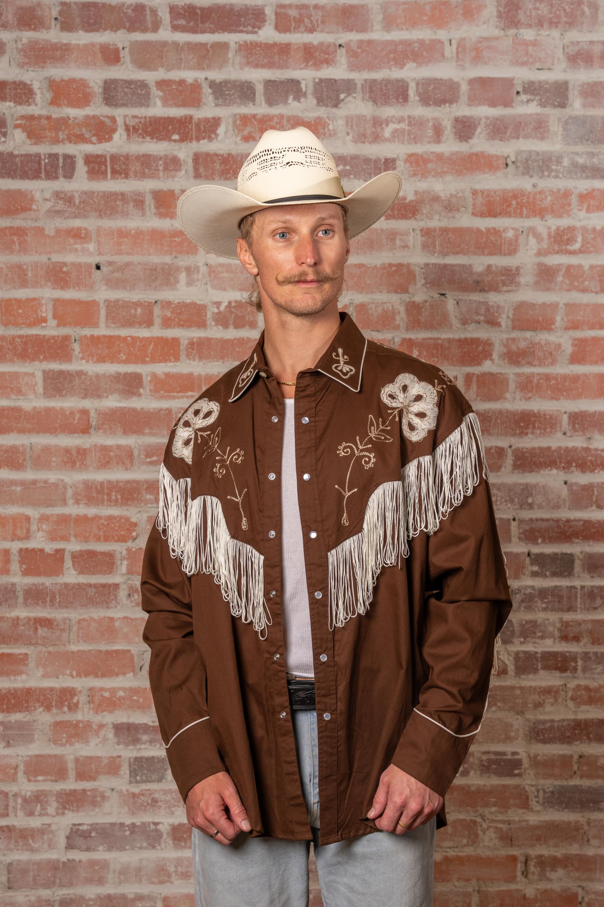 Men's Vintage Fringe Brown Embroidered Western Shirt