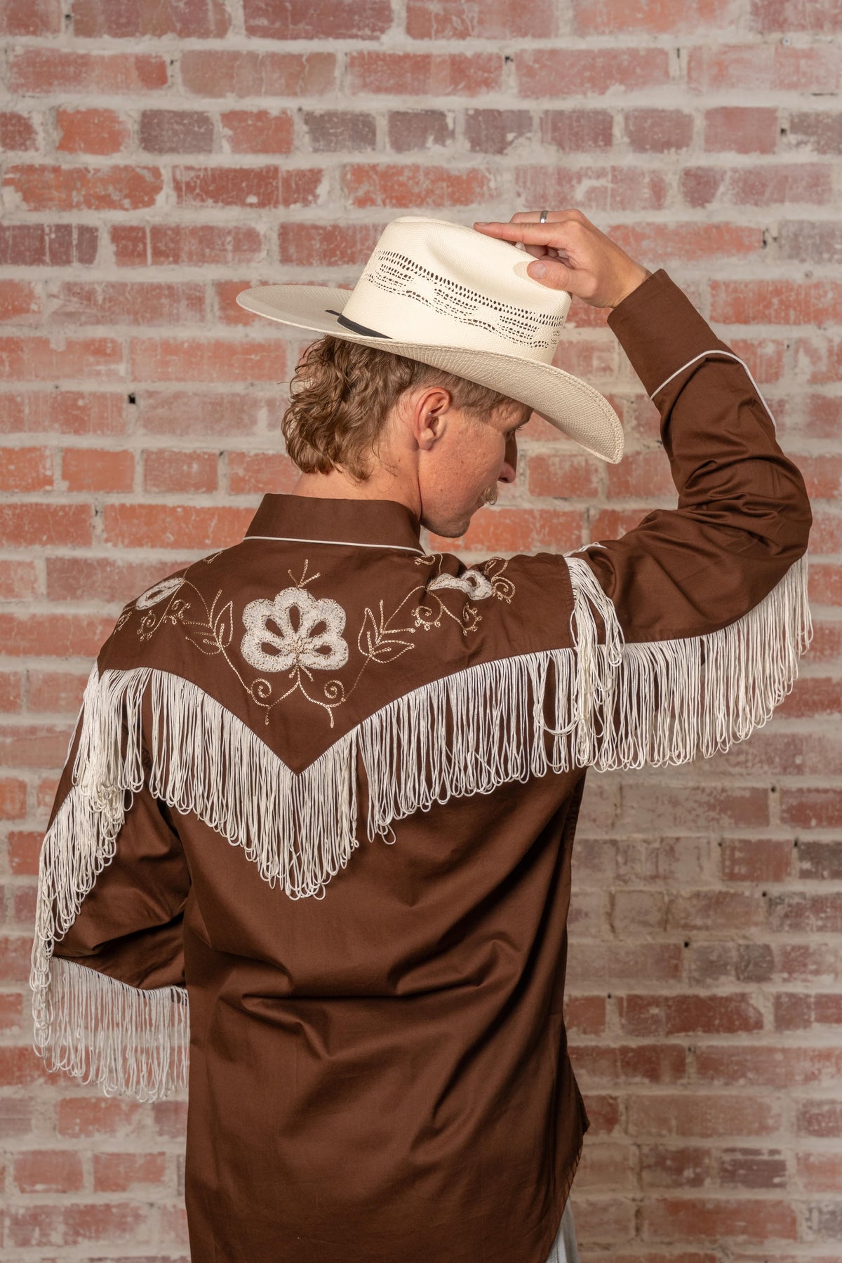 Men's Vintage Fringe Brown Embroidered Western Shirt