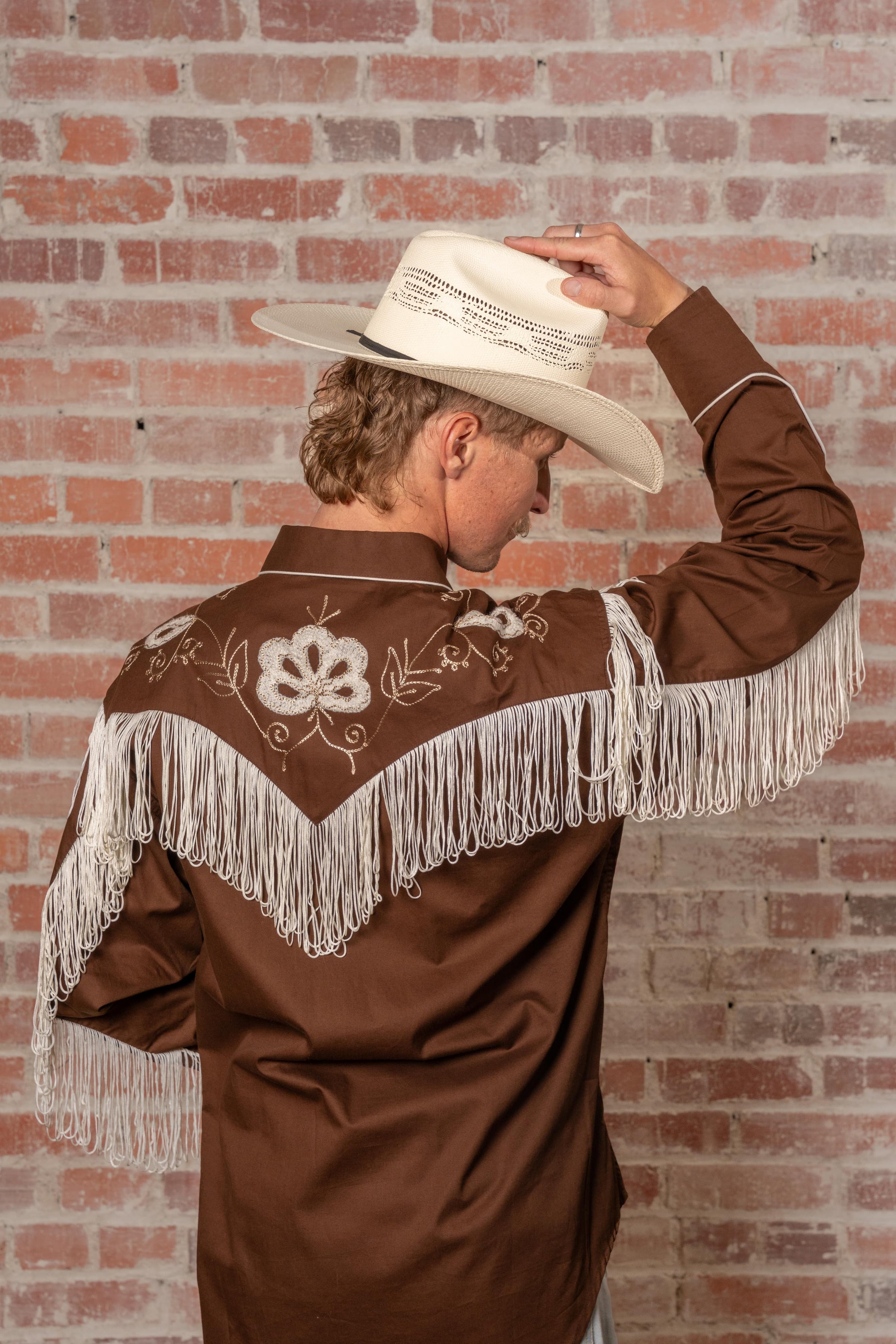 Men's Vintage Fringe Brown Embroidered Western Shirt