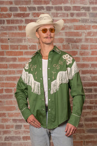 Men's Vintage Green Fringe Embroidered Western Shirt
