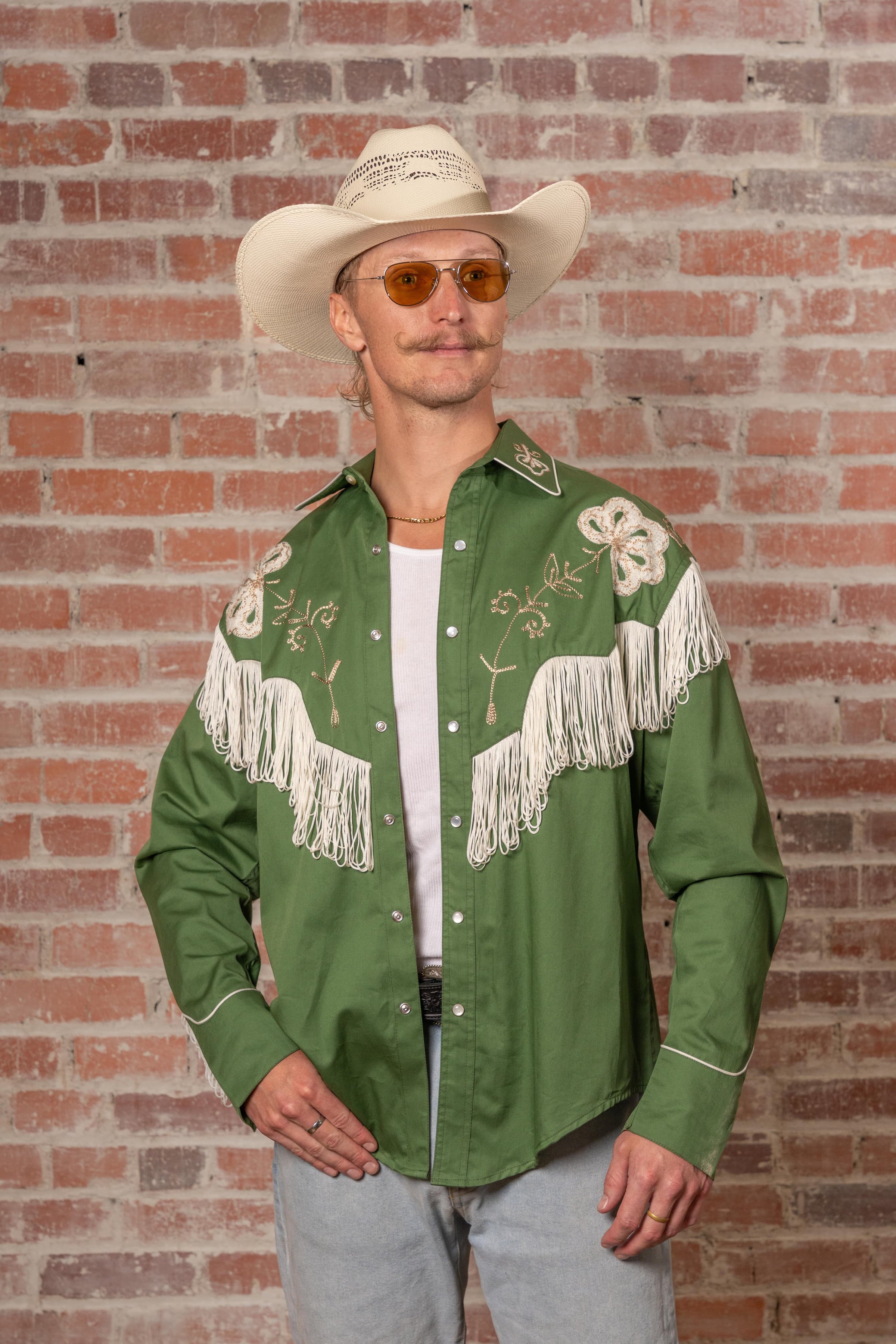 Men's Vintage Green Fringe Embroidered Western Shirt