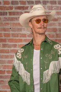 Men's Vintage Green Fringe Embroidered Western Shirt