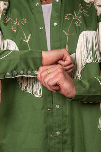 Men's Vintage Green Fringe Embroidered Western Shirt