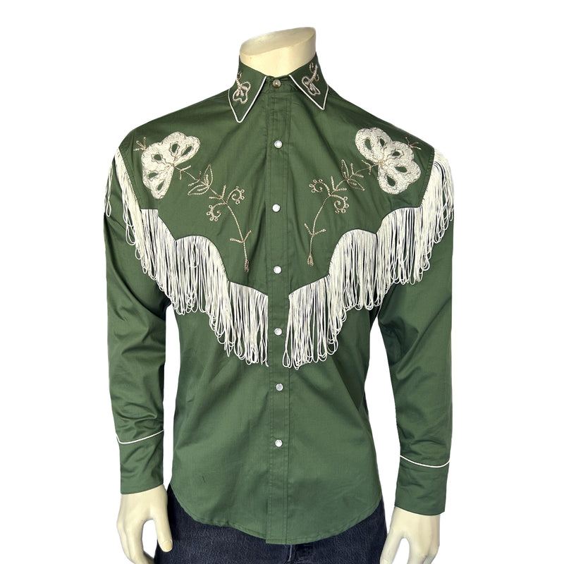 Men's Vintage Green Fringe Embroidered Western Shirt