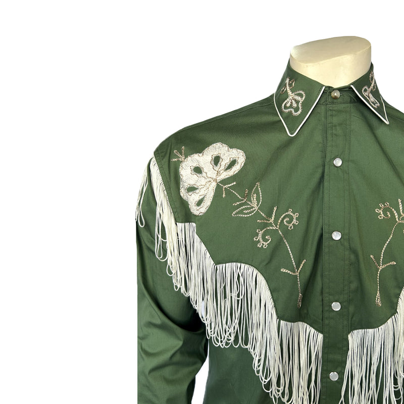 Men's Vintage Green Fringe Embroidered Western Shirt