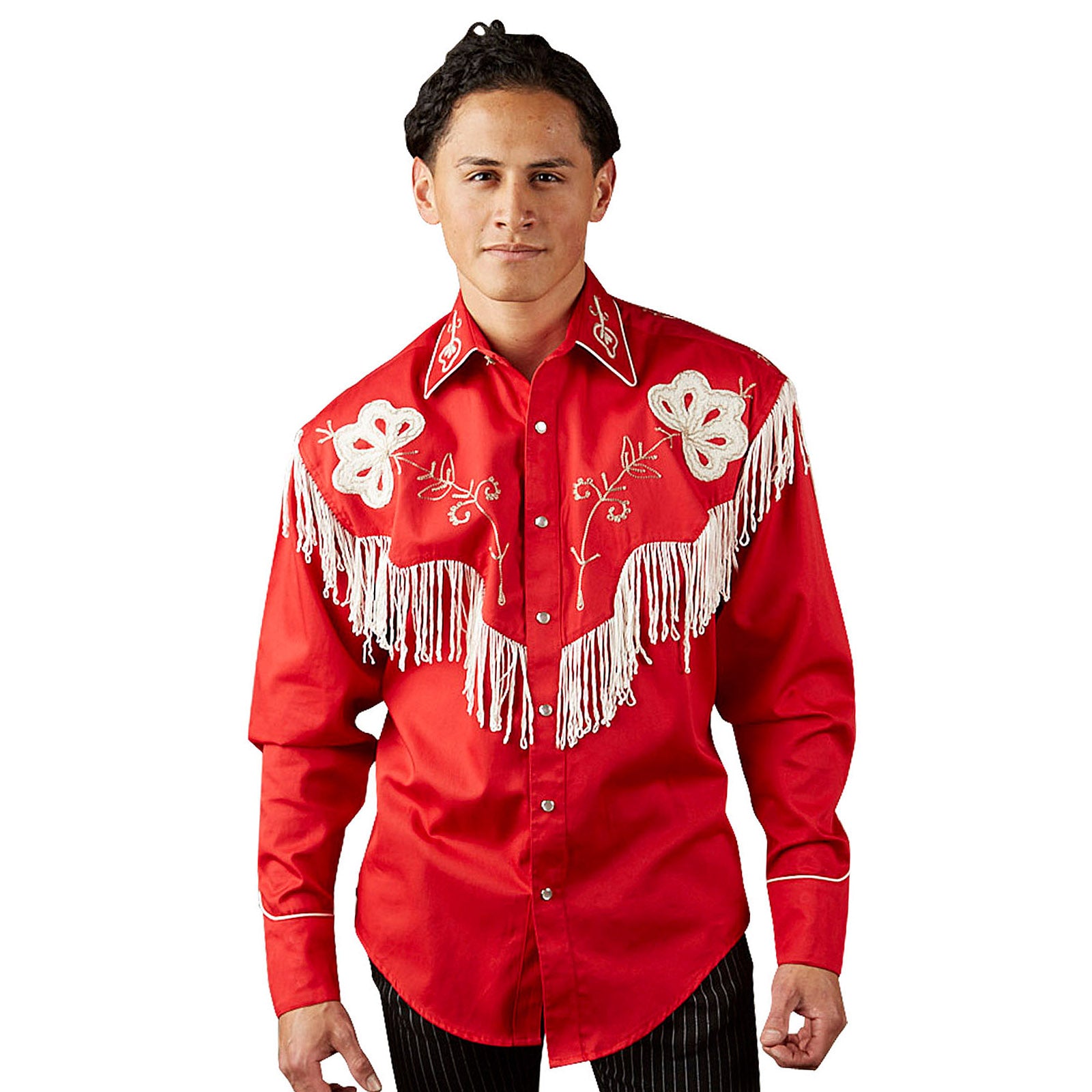 Men's Vintage Fringe Red Embroidered Western Shirt - S