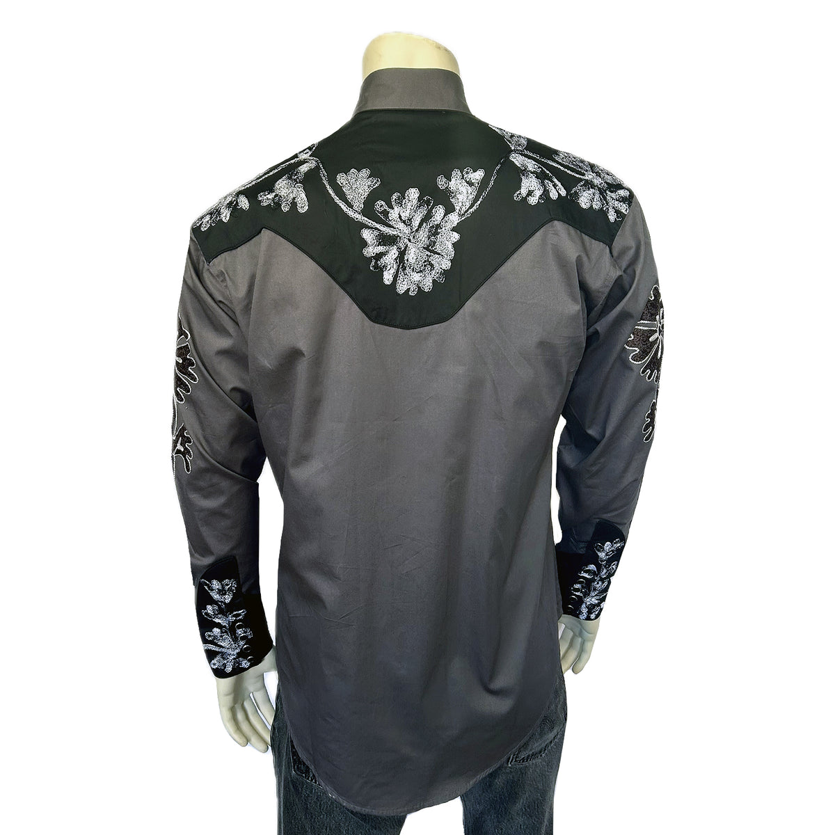 Men's Floral 2-Tone Black & Grey Embroidered Western Shirt