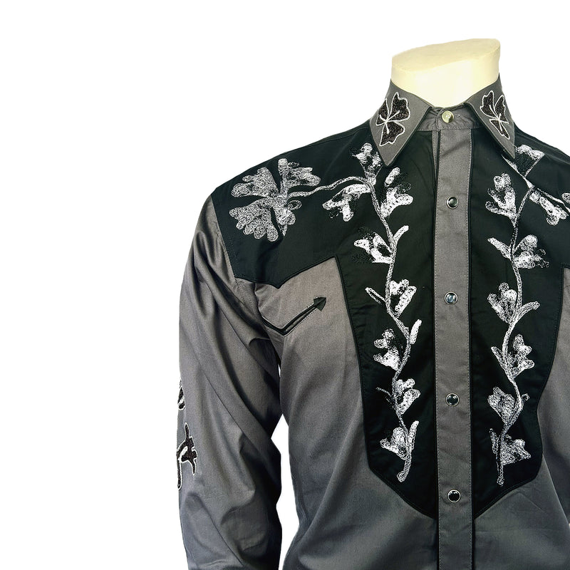 Men's Floral 2-Tone Black & Grey Embroidered Western Shirt