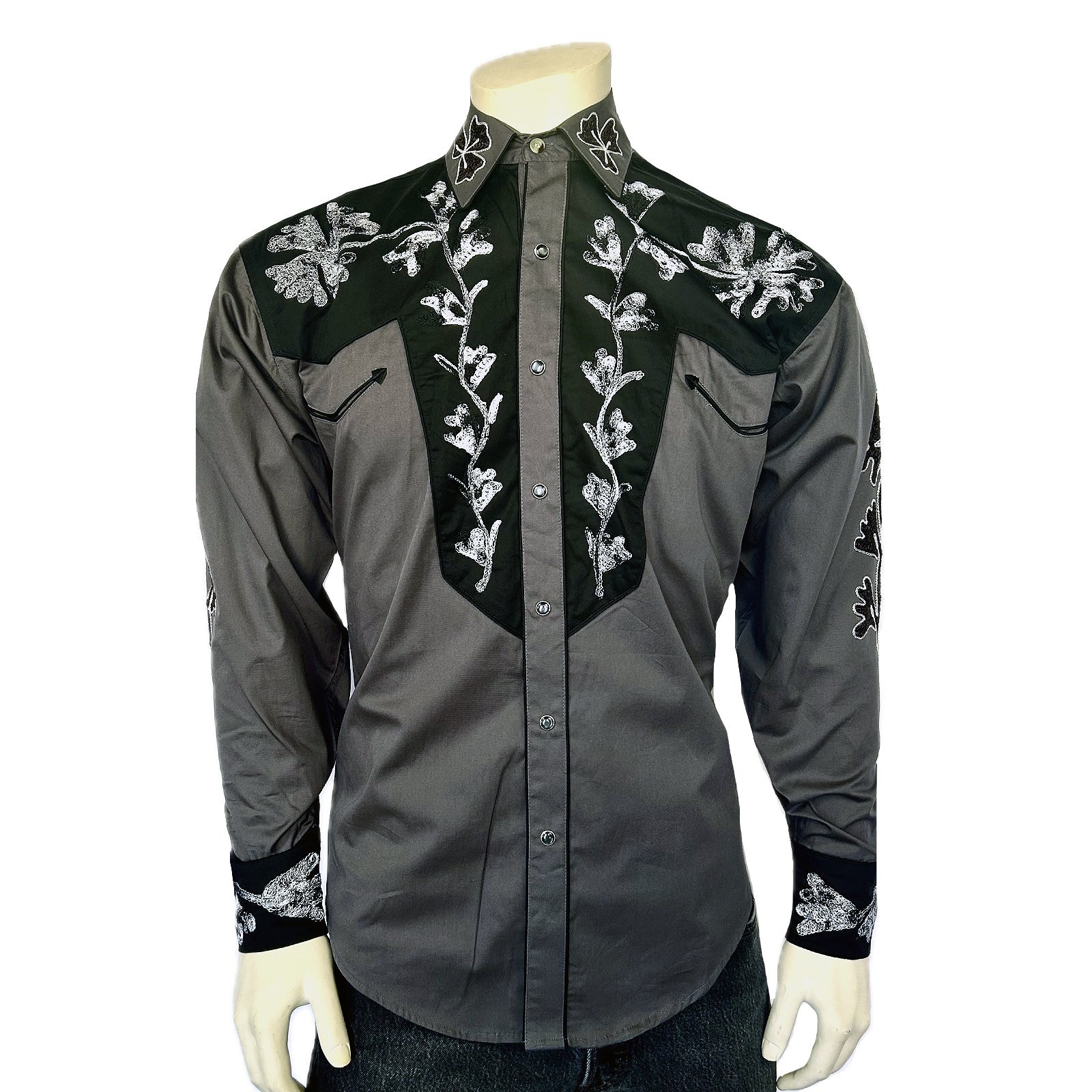 Men's Floral 2-Tone Black & Grey Embroidered Western Shirt