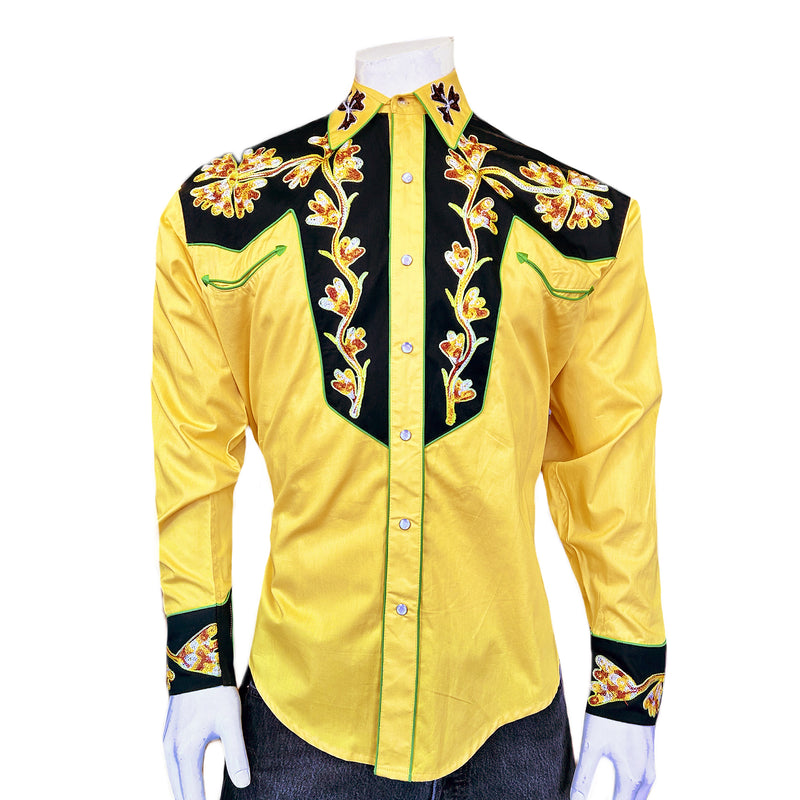 Men's Floral 2-Tone Black & Gold Embroidered Western Shirt - XL Men's Floral 2-Tone Black & Gold Embroidered Western Shirt - XL