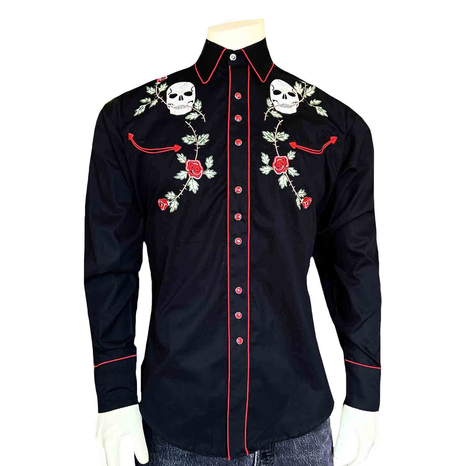 Mens Skulls & Roses Vintage Embroidered Western Shirt - L Mens Skulls & Roses Vintage Embroidered Western Shirt - L
