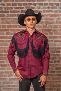 Men's Vintage Burgundy Fringe Embroidered Western Shirt