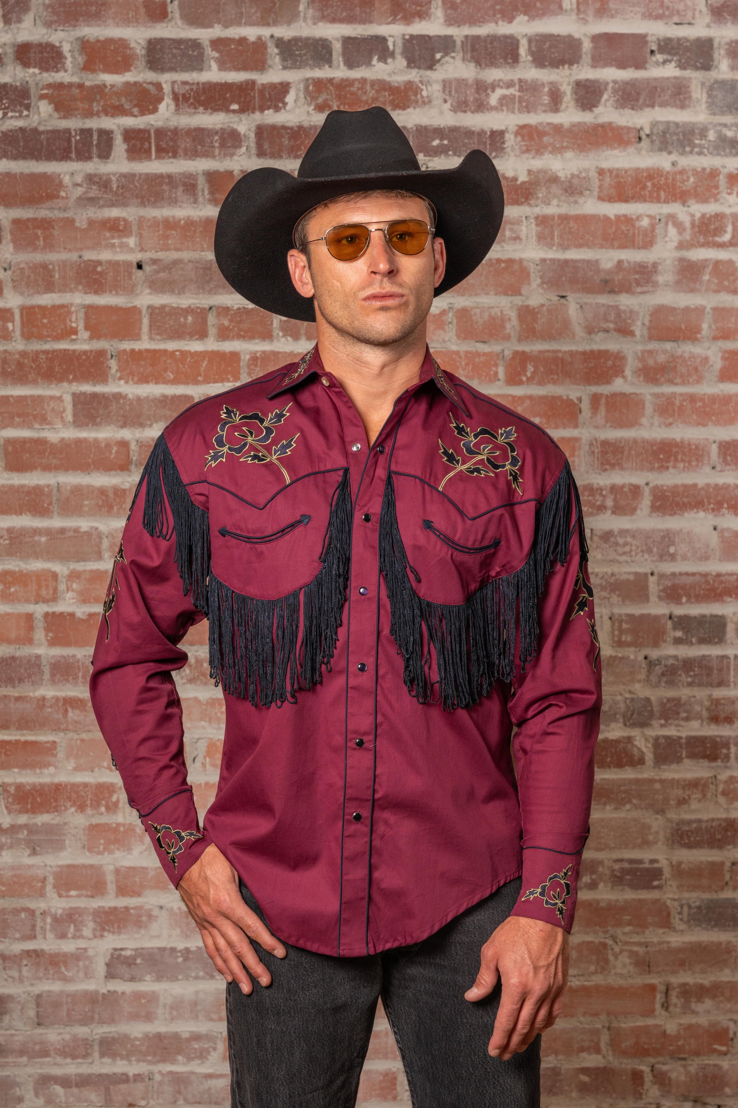 Men's Vintage Burgundy Fringe Embroidered Western Shirt