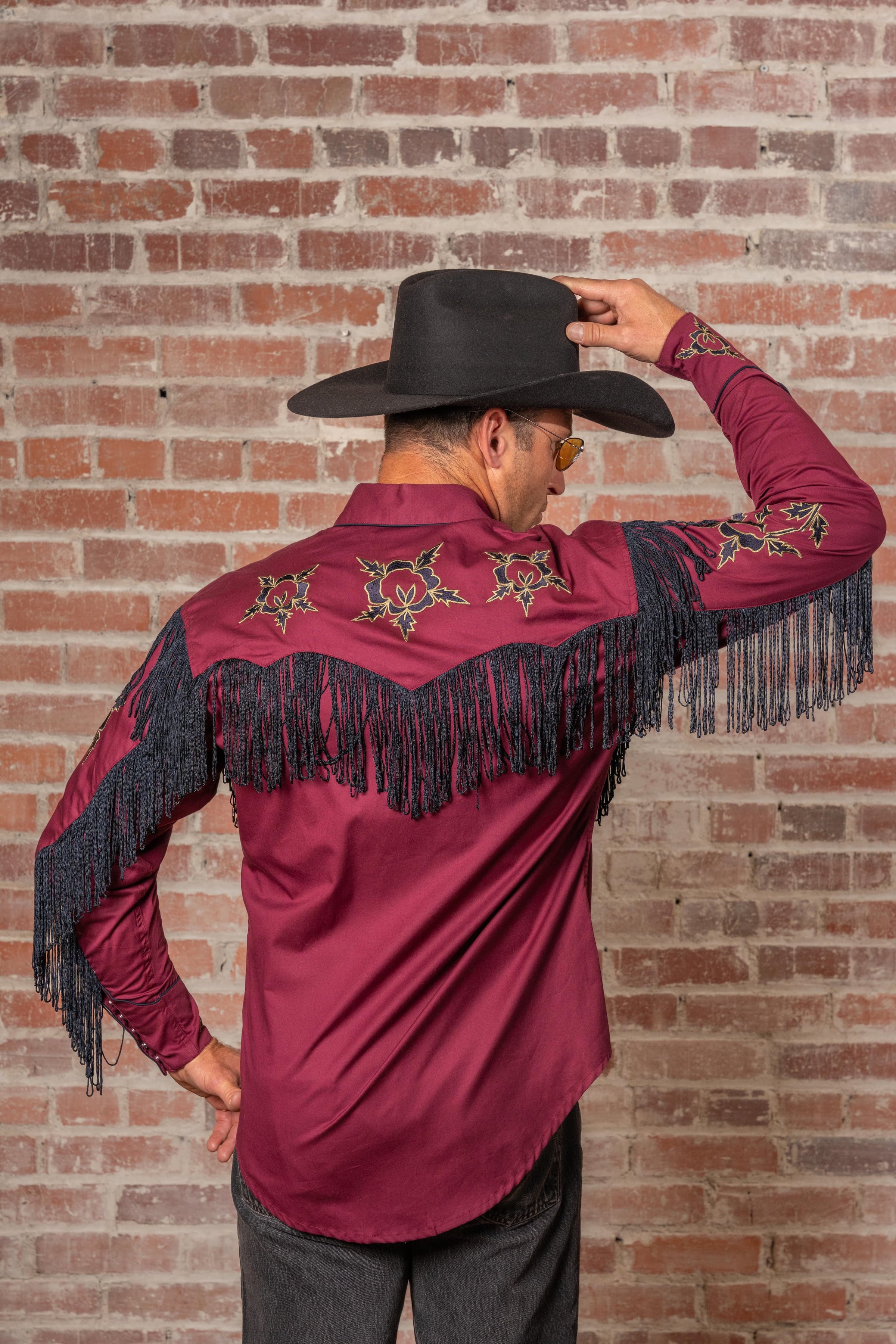 Men's Vintage Burgundy Fringe Embroidered Western Shirt