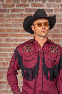 Men's Vintage Burgundy Fringe Embroidered Western Shirt