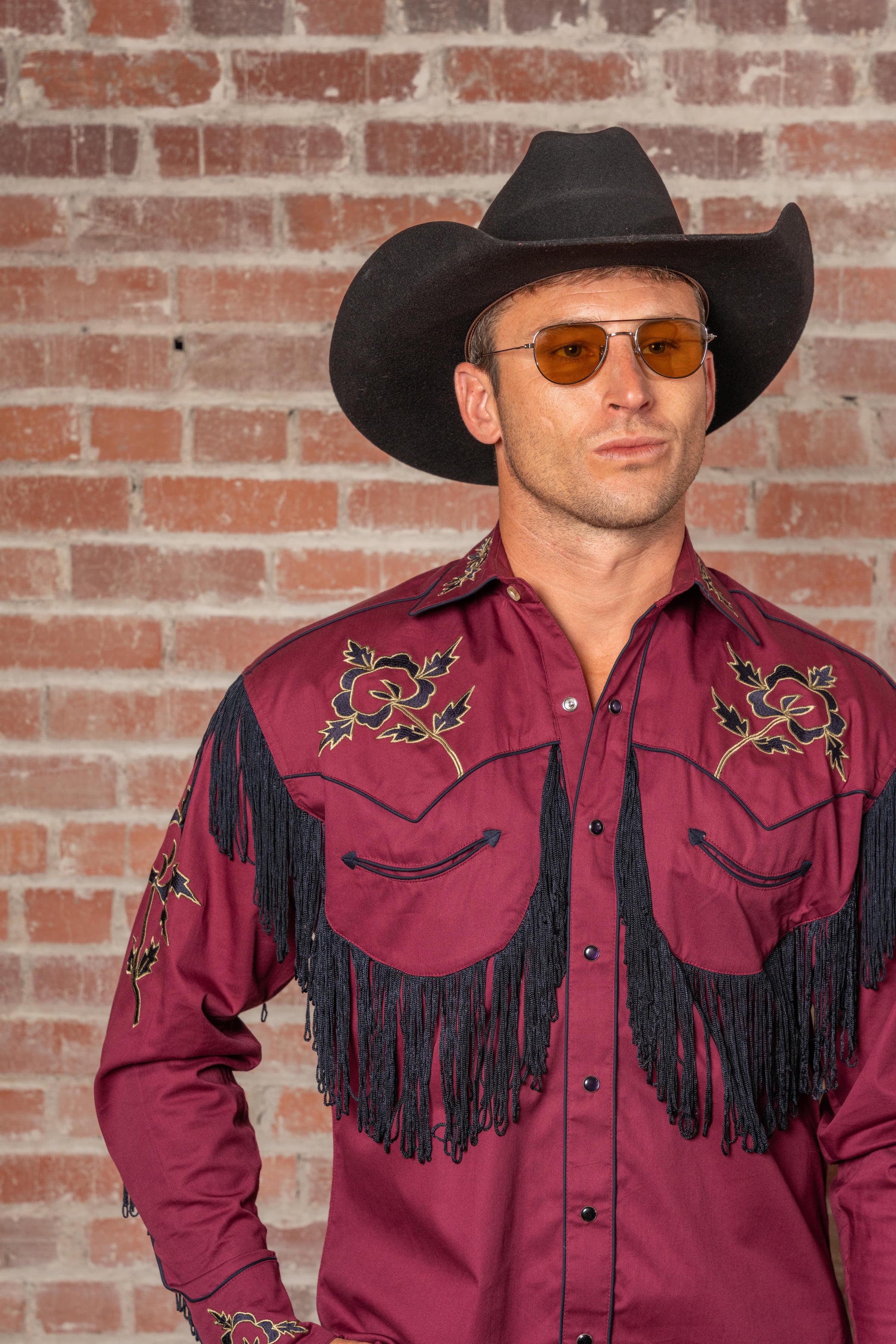 Men's Vintage Burgundy Fringe Embroidered Western Shirt