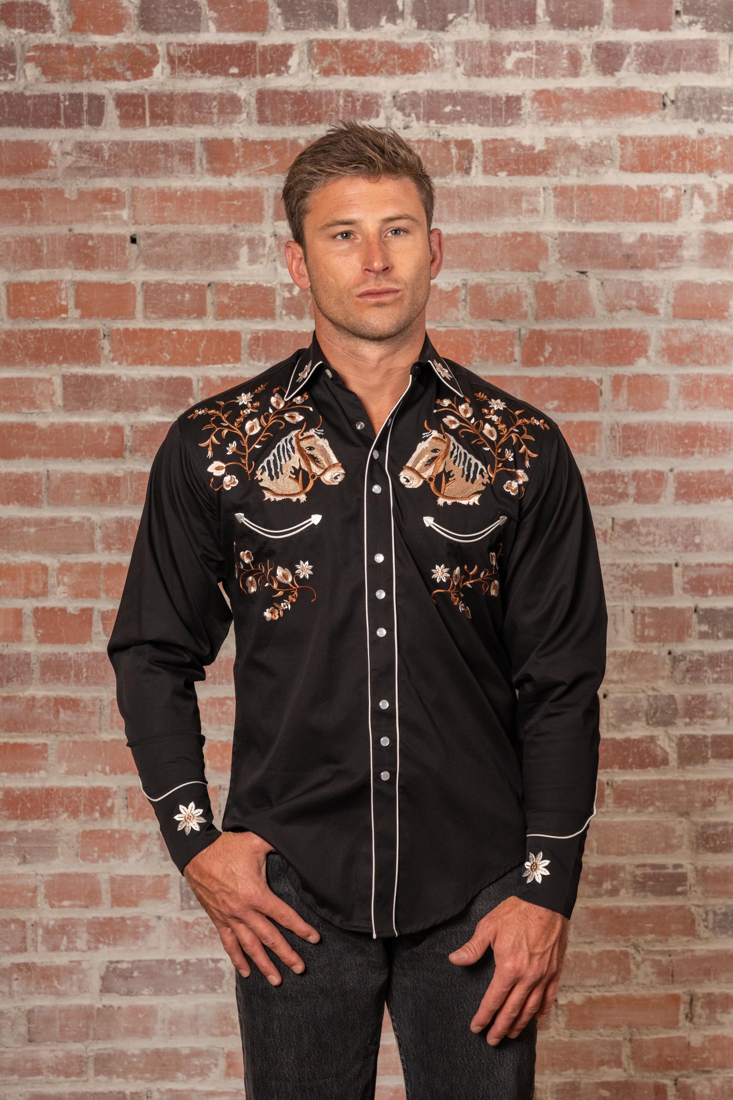 Men's vintage horsehead and floral embroidered western shirt by Rockmount Ranch Wear, black with snaps