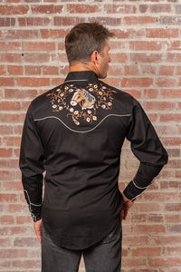 Men's Vintage Horsehead Floral Embroidered Western Shirt by Rockmount Ranch Wear in black with floral vintage embroidery