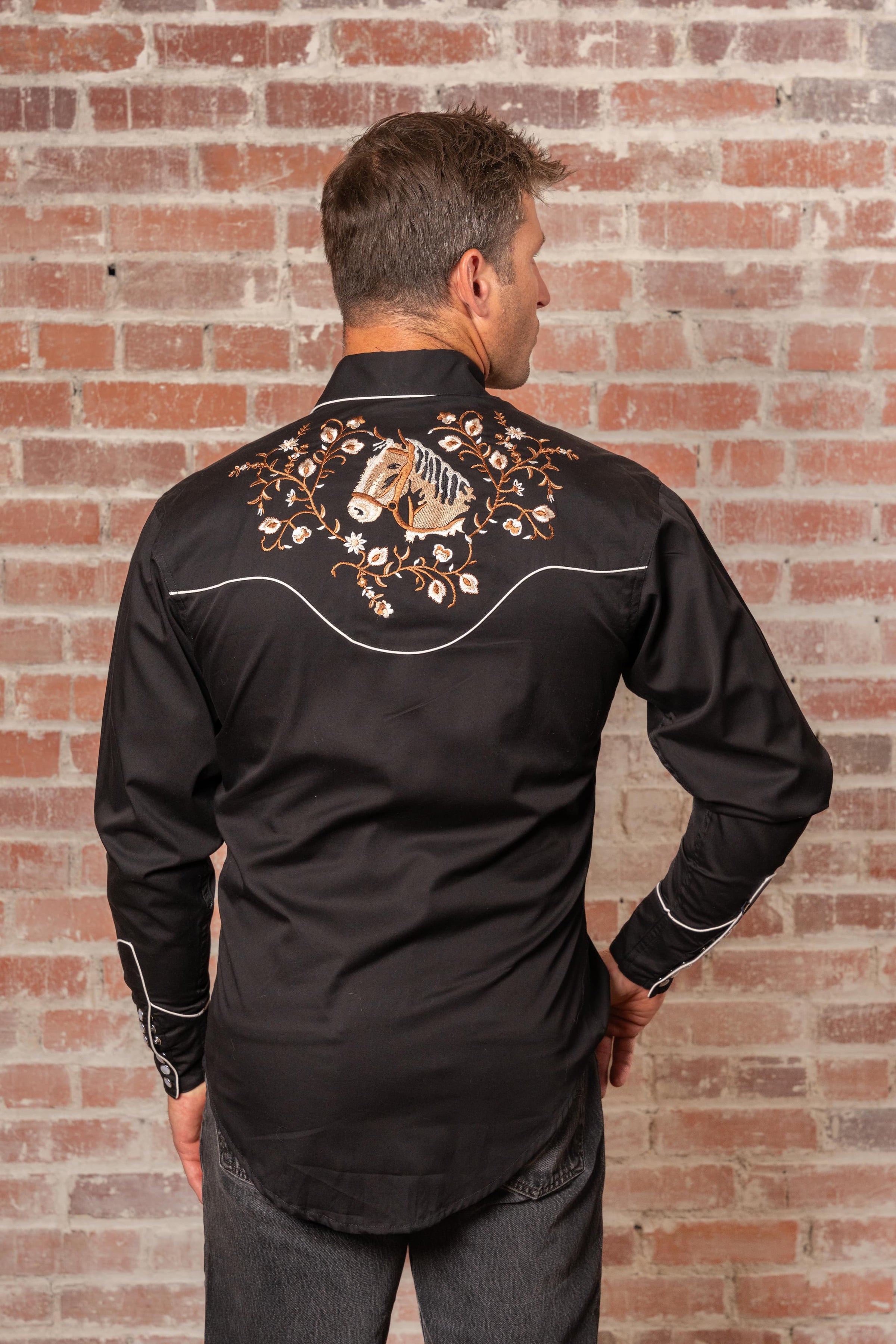 Men's Vintage Horsehead Floral Embroidered Western Shirt by Rockmount Ranch Wear in black with floral vintage embroidery