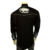 Men's Vintage American Bison Embroidery Black Western Shirt