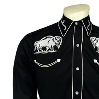 Men's Vintage American Bison Embroidery Black Western Shirt