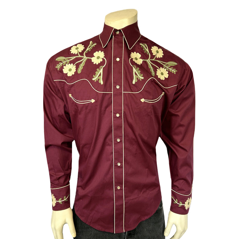 Men's Vintage Burgundy Floral Embroidered Western Shirt