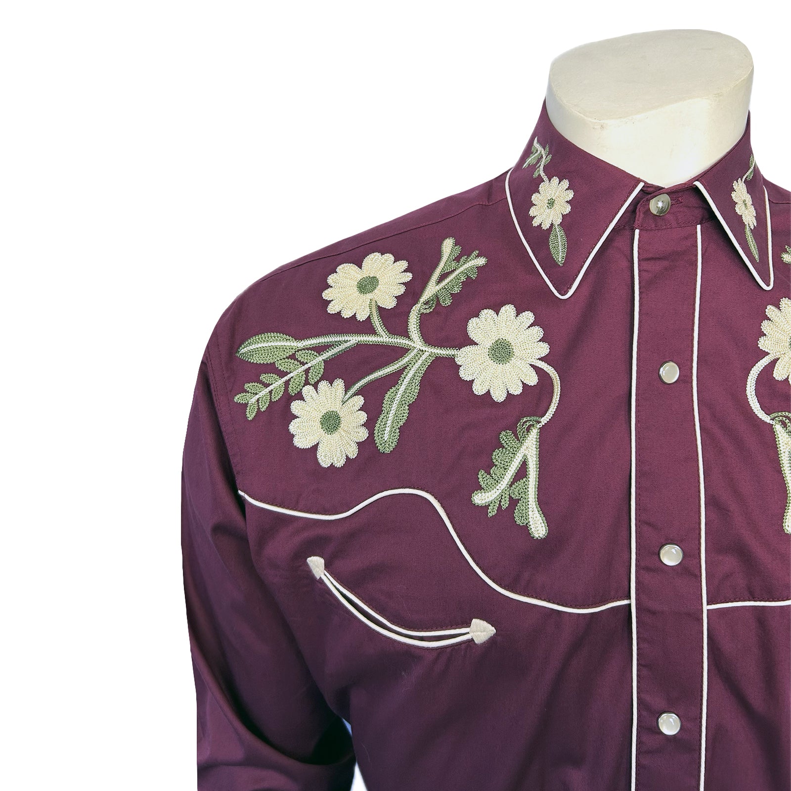 Men's Vintage Burgundy Floral Embroidered Western Shirt