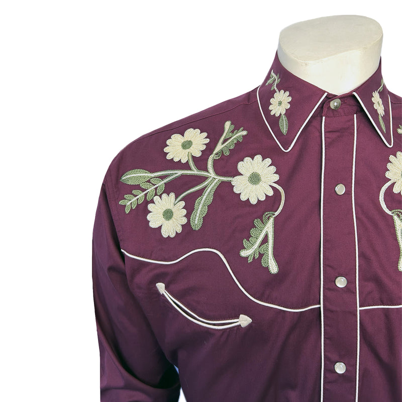 Men's Vintage Burgundy Floral Embroidered Western Shirt - XXL Men's Vintage Burgundy Floral Embroidered Western Shirt - XXL