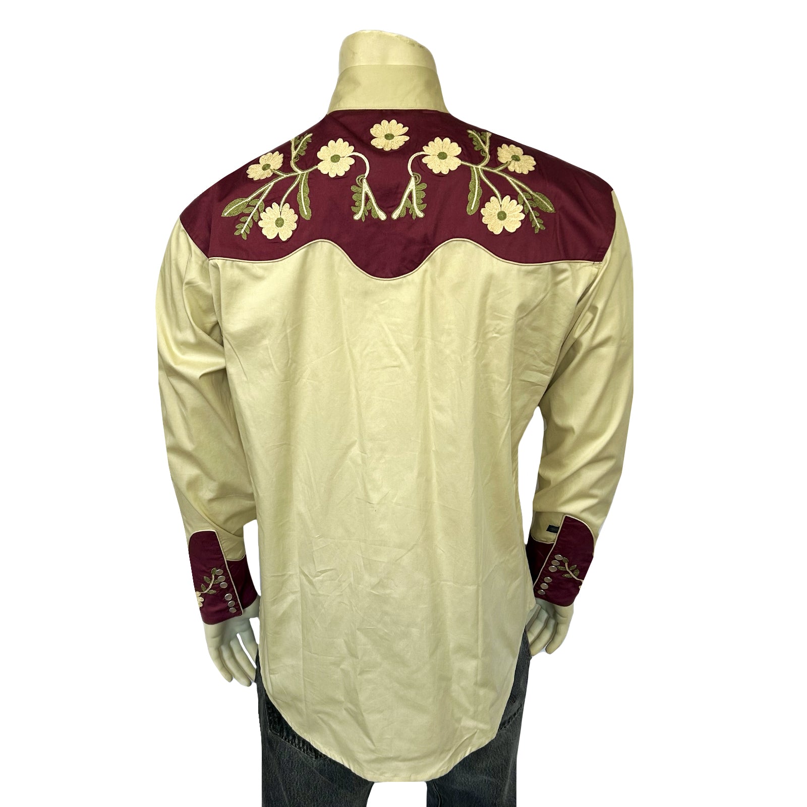 Men's Vintage 2-Tone Floral Embroidered Western Shirt in Tan & Burgundy